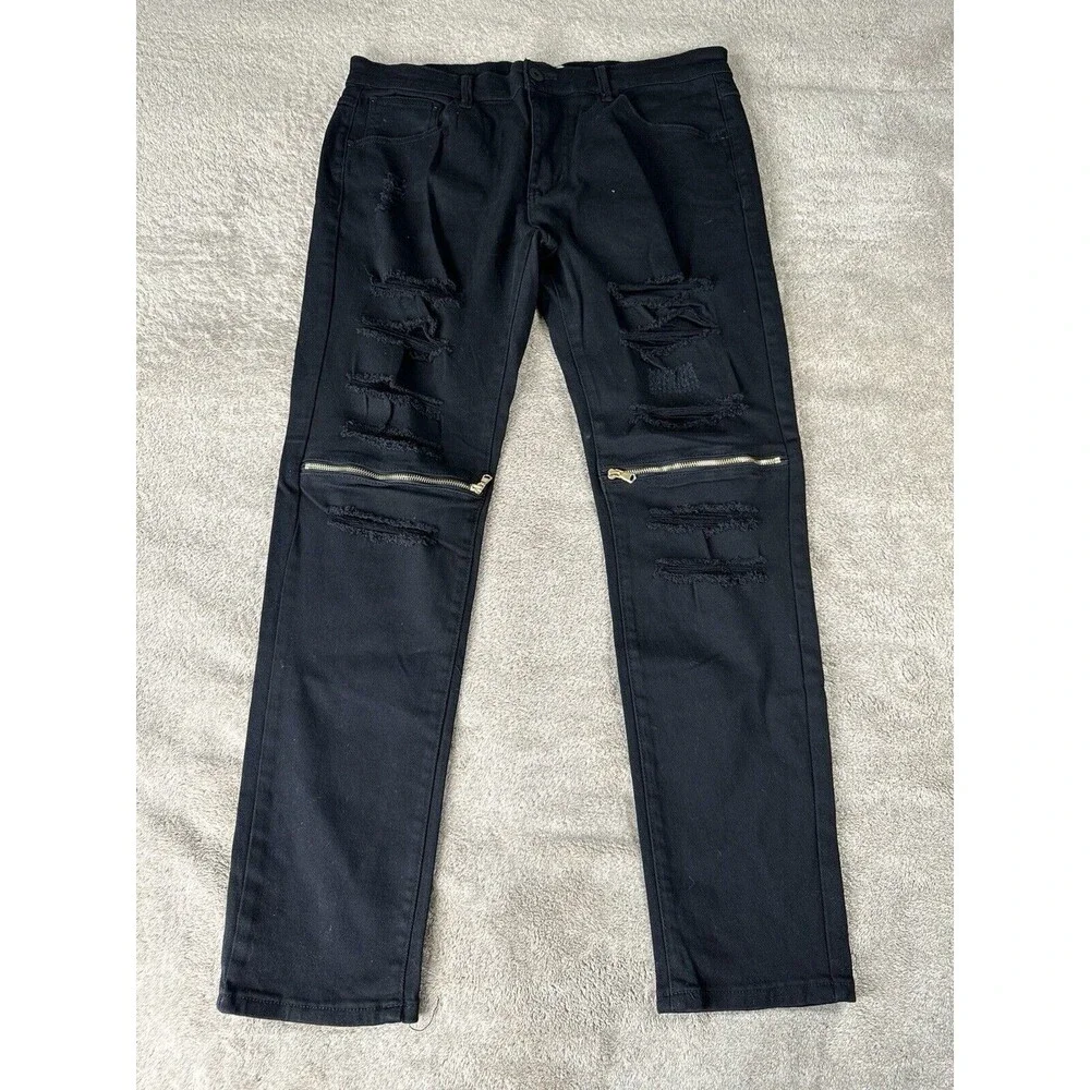 Fashion Nova Men Black Distressed Skinny Jeans Zip Knee Stretch Size 38x31